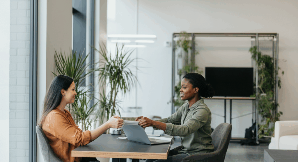 Deux personnes en train d'échanger face a face devant un bureau