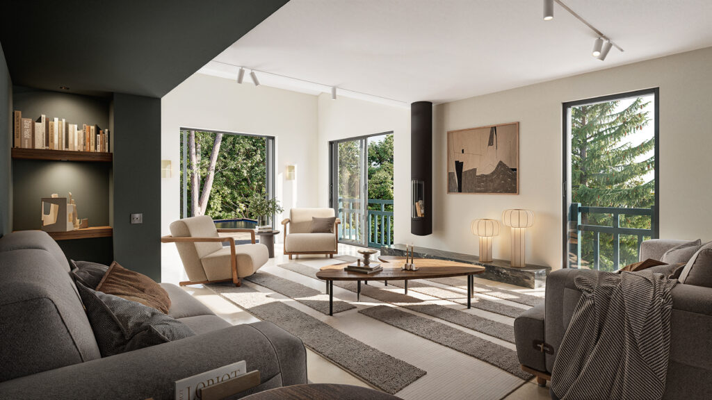 Photo d'un salon décoré de manière très design. Le passage d'un architecte est visible